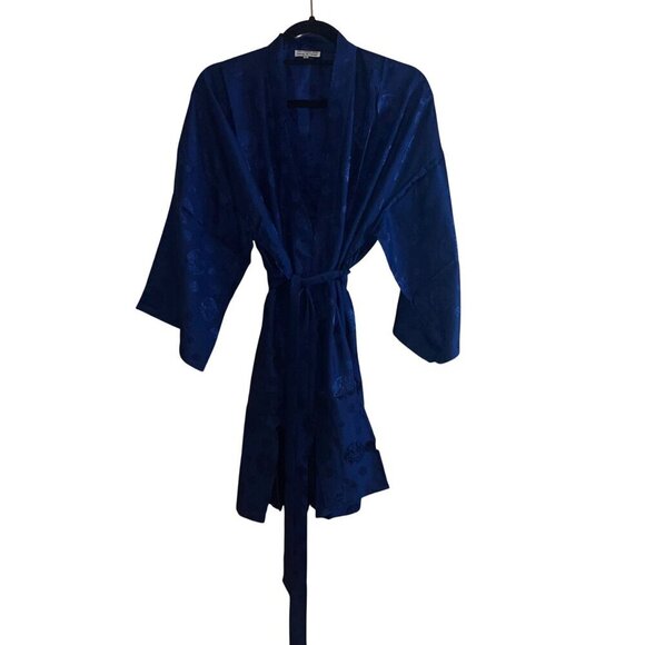 Vintage Womens Robe Size XL Blue Belt V Neck Wrap Casual Pure Silk New